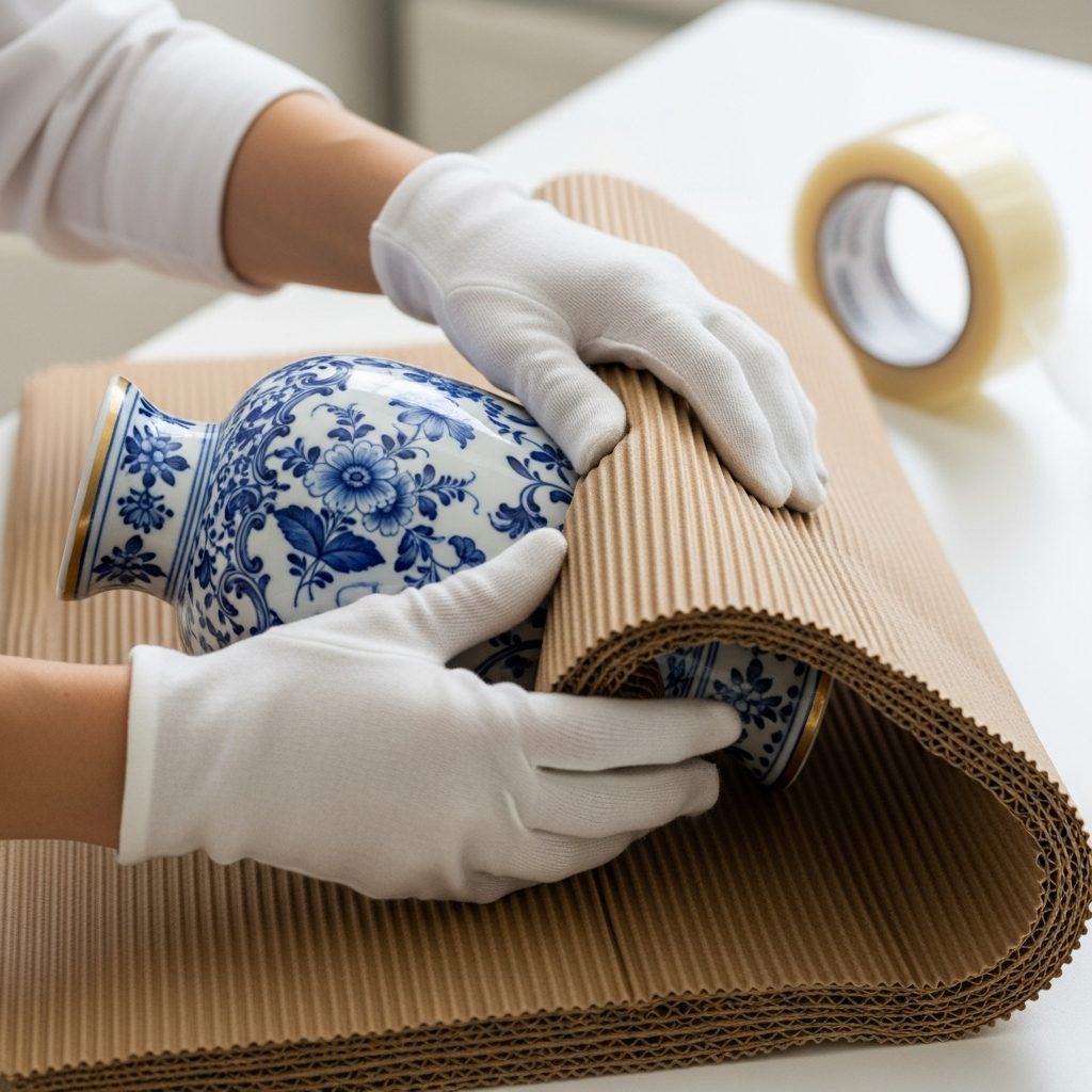 Precision Concierge team wrapping fine china in acid-free tissue